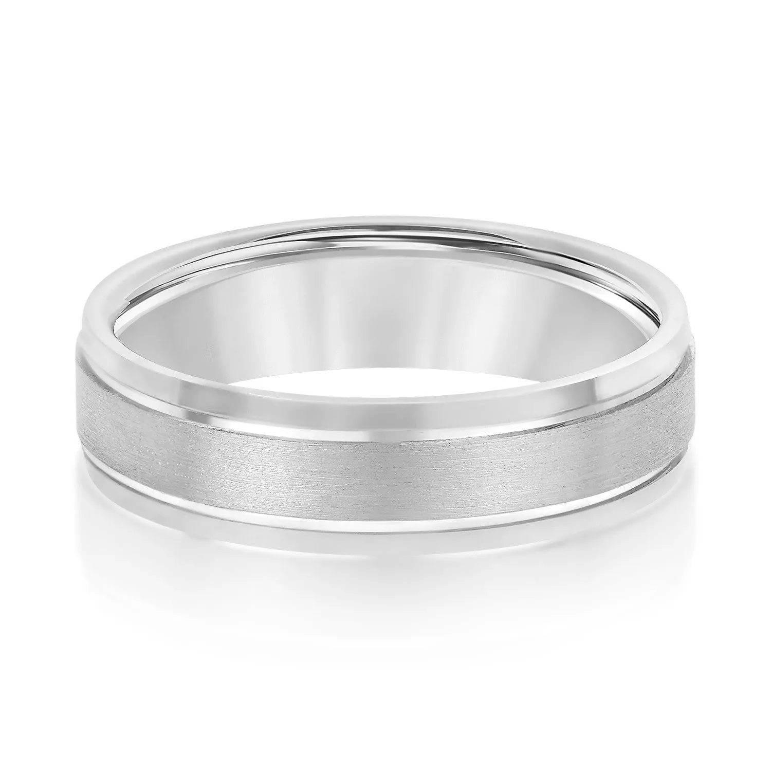 14K White Gold Men's 6MM Wedding Band With Satin Finish And High Polish Beveled Edges