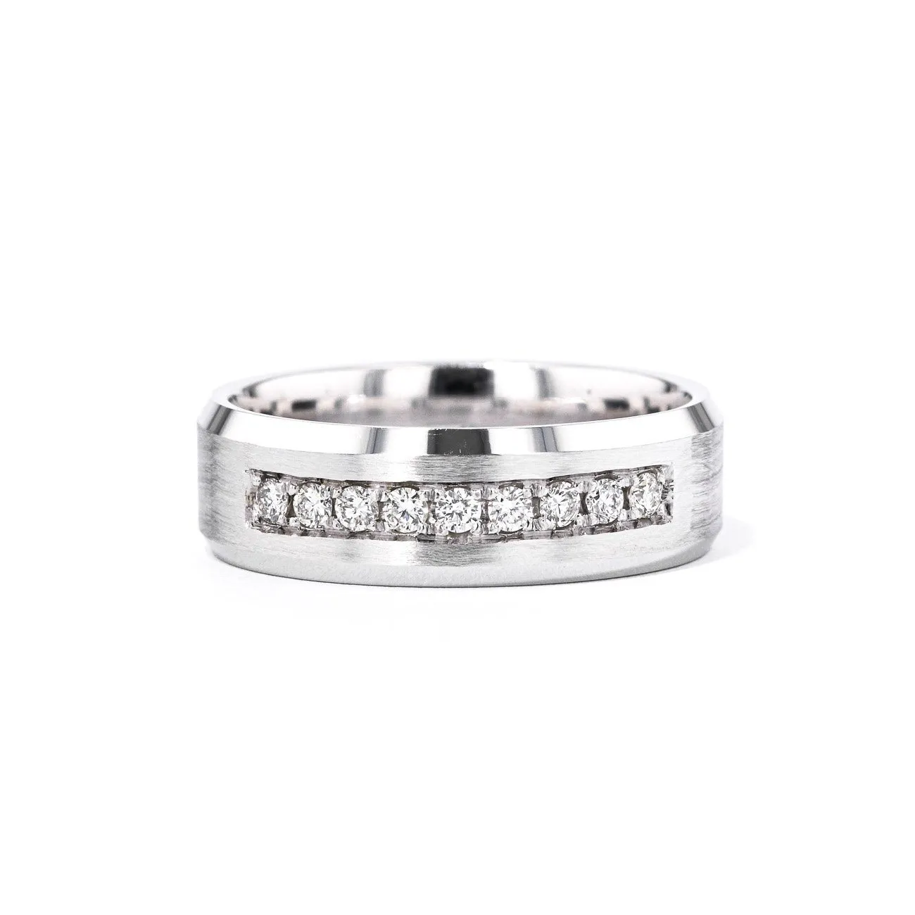 7mm Satin Finish With Diamonds Bevel Edge Gold Ring
