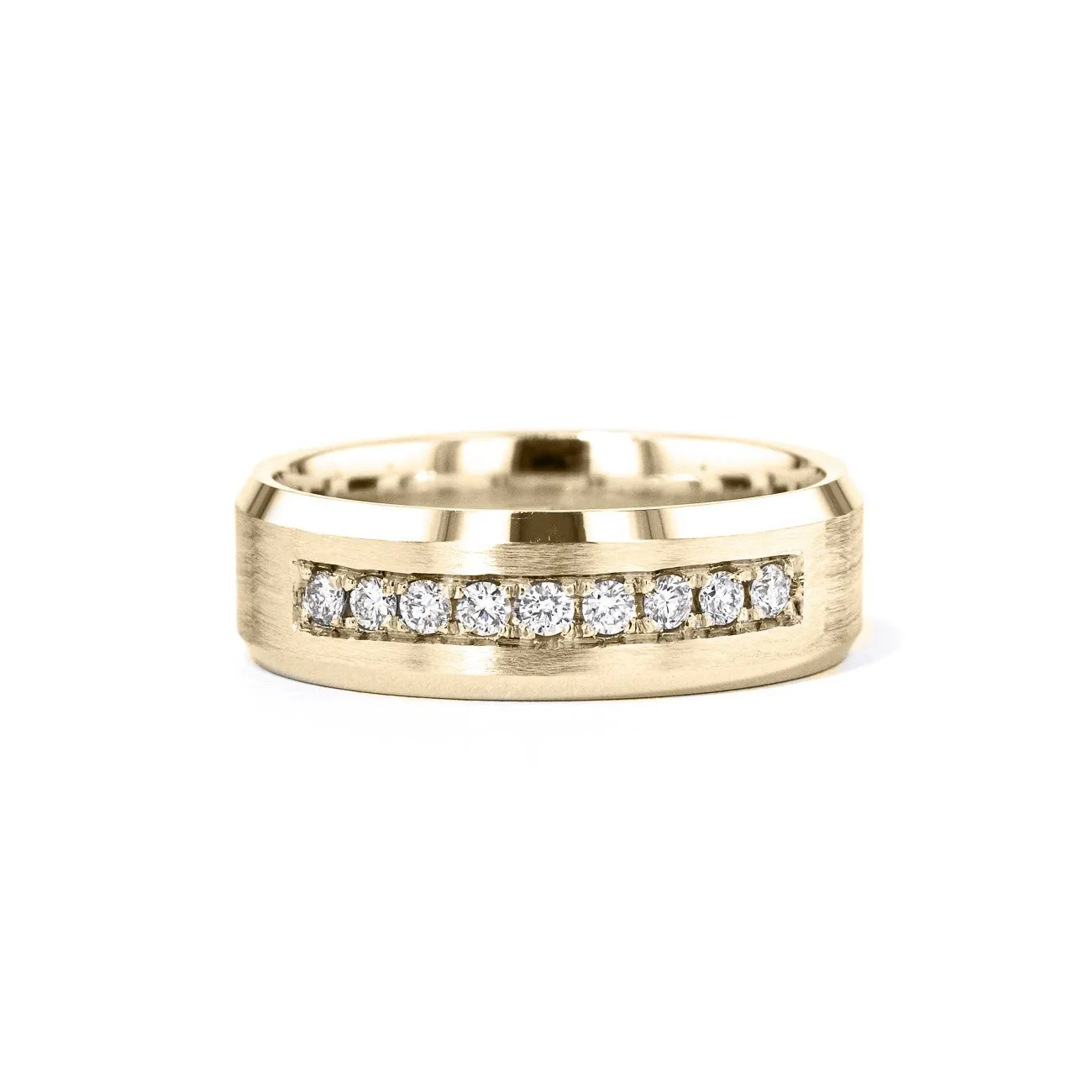 7mm Satin Finish With Diamonds Bevel Edge Gold Ring