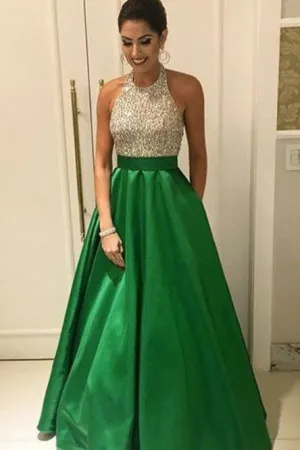 A-Line Halter Backless Green Satin Prom Dress with Beading Pockets OHC046