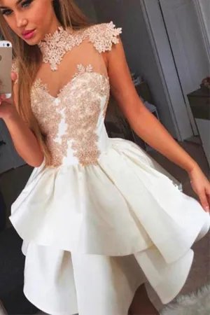 A-Line High Neck Short White Satin Homecoming Dress with Appliques OHM068