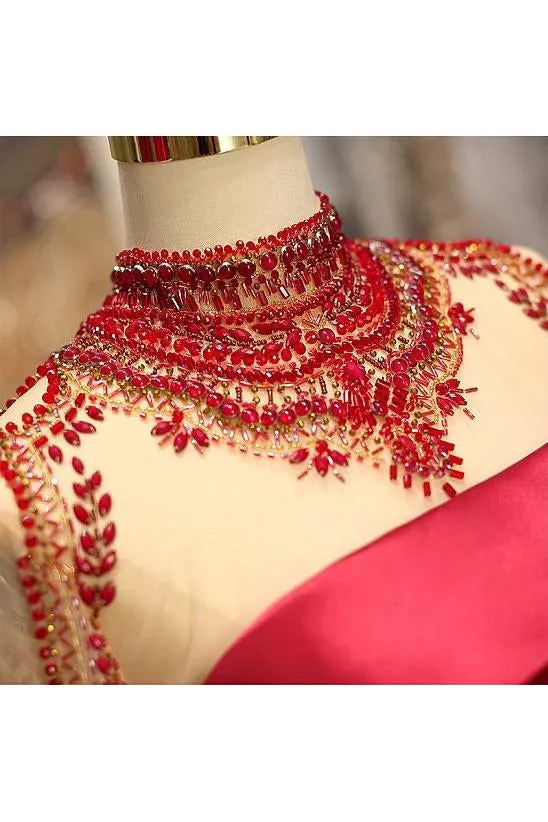 A Line High Neck Sweep Train Long Sleeves Burgundy Beading Long Satin Prom Dress Evening Dress  OHC123