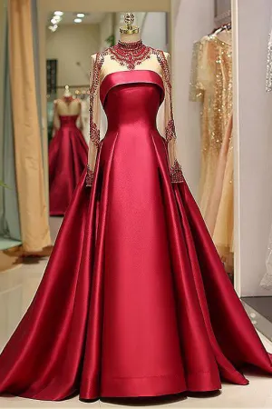A Line High Neck Sweep Train Long Sleeves Burgundy Beading Long Satin Prom Dress Evening Dress  OHC123