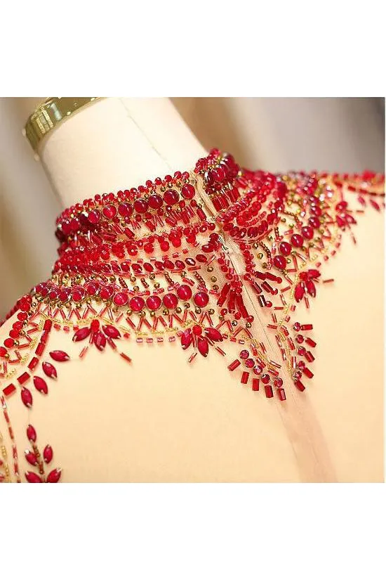 A Line High Neck Sweep Train Long Sleeves Burgundy Beading Long Satin Prom Dress Evening Dress  OHC123