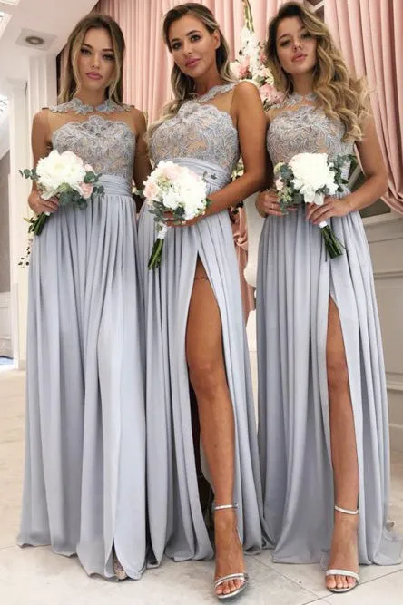 A-Line Jewel Floor-Length Bridesmaid Dress with Appliques Split OHS076