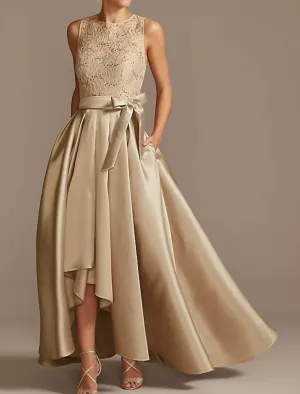 A-line Jewel Neck Lace Satin Sleeveless Box-pleat Hi Low Mother of Bride Dress, Sash Knot