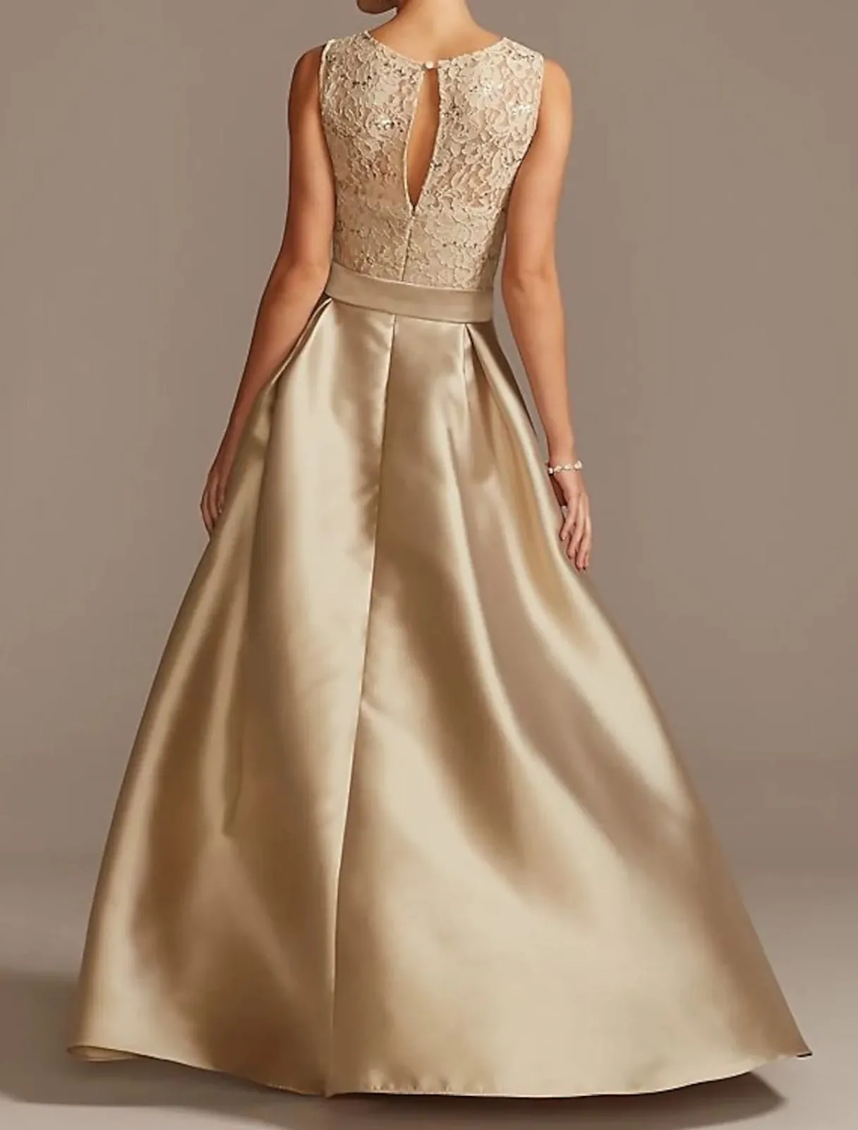 A-line Jewel Neck Lace Satin Sleeveless Box-pleat Hi Low Mother of Bride Dress, Sash Knot