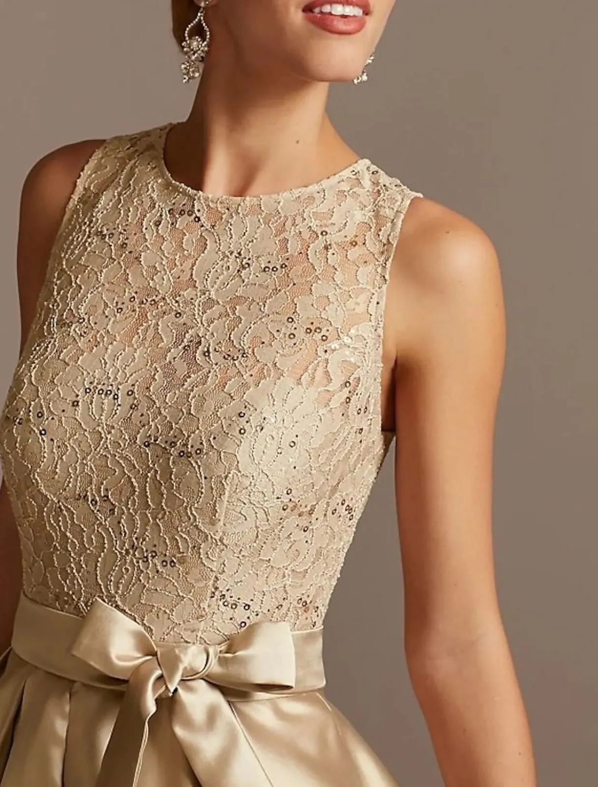 A-line Jewel Neck Lace Satin Sleeveless Box-pleat Hi Low Mother of Bride Dress, Sash Knot