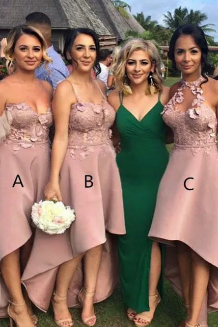A-Line Off-the-Shoulder High Low Blush Bridesmaid Dress with Appliques OHS027