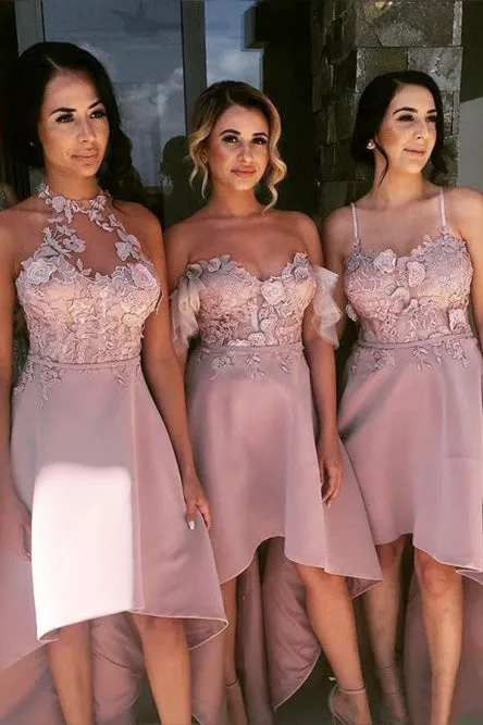 A-Line Off-the-Shoulder High Low Blush Bridesmaid Dress with Appliques OHS027