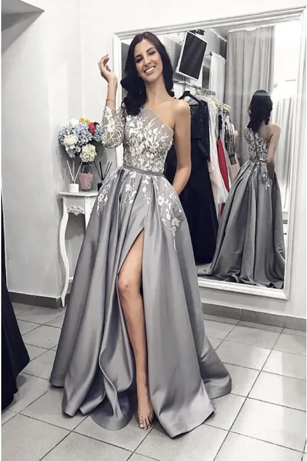 A-Line One-Shoulder Long Sleeve Sweep Train Grey Appliqued Prom Dress with Pockets Split LPD024