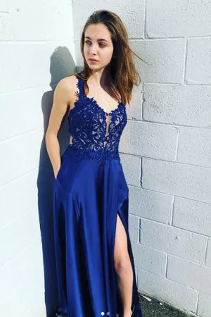 A Line Royal Blue Satin Long Lace Open Back Criss-Cross Straps V Neck Prom Dress OHC374