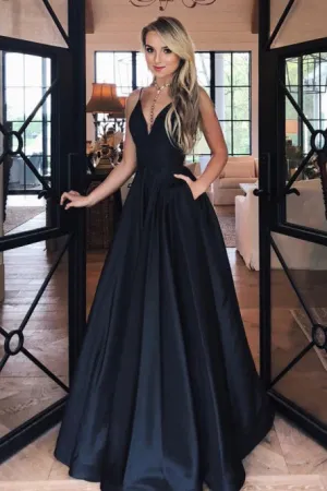 A-Line Spaghetti Straps Floor-Length Black Prom Dress with Pockets LPD089