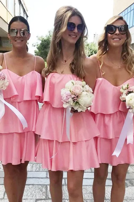 A-Line Spaghetti Straps Short Pink Tiered Bridesmaid Dress OHS056