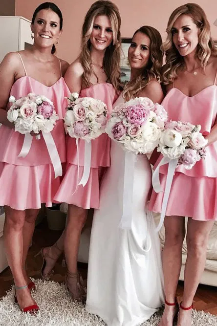 A-Line Spaghetti Straps Short Pink Tiered Bridesmaid Dress OHS056