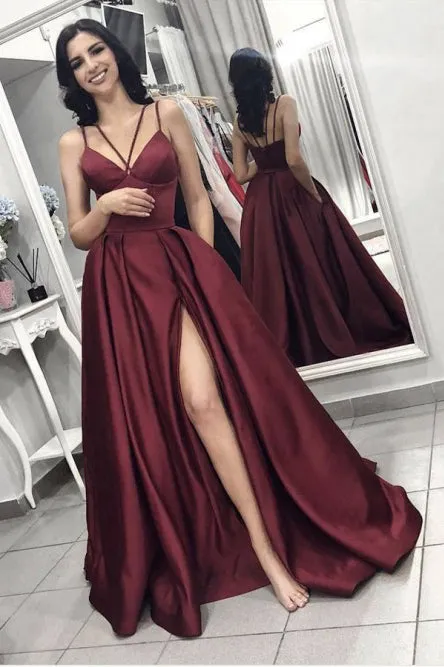 A-Line Spaghetti Straps Sweep Train Burgundy Satin Prom Dress with Pockets Split L053