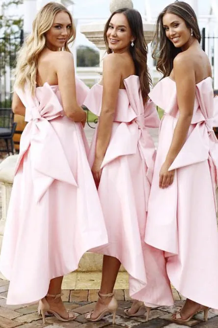 A-Line Strapless Hi-Low Pink Bridesmaid Dress with Bowknot Ruffles OHS057