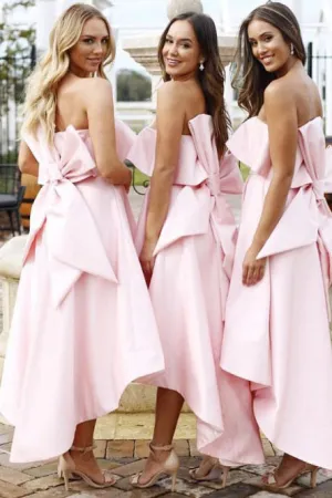 A-Line Strapless Hi-Low Pink Bridesmaid Dress with Bowknot Ruffles OHS057