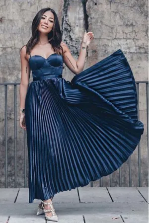 A-Line Sweetheart Ankle-Length Dark Blue Pleated Prom Party Dress L052