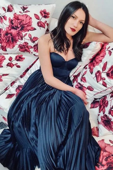 A-Line Sweetheart Ankle-Length Dark Blue Pleated Prom Party Dress L052