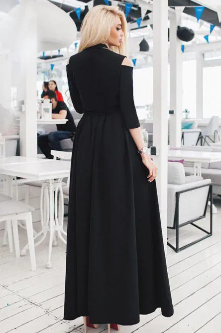 A-Line V-Neck 3/4 Sleeves Cold Shoulder Black Long Prom Dress with Split Sash CAD64