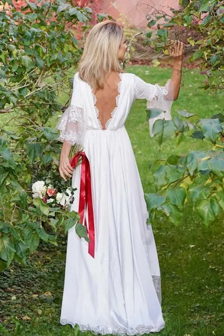 A-Line V-Neck Backless 3/4 Sleeves Satin Wedding Dress with Lace OHD042
