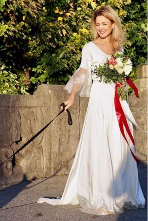 A-Line V-Neck Backless 3/4 Sleeves Satin Wedding Dress with Lace OHD042