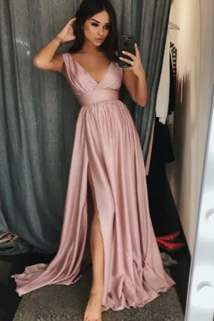 A-Line V-Neck Sweep Train Pink Prom Dress with Pleats Split OHC007