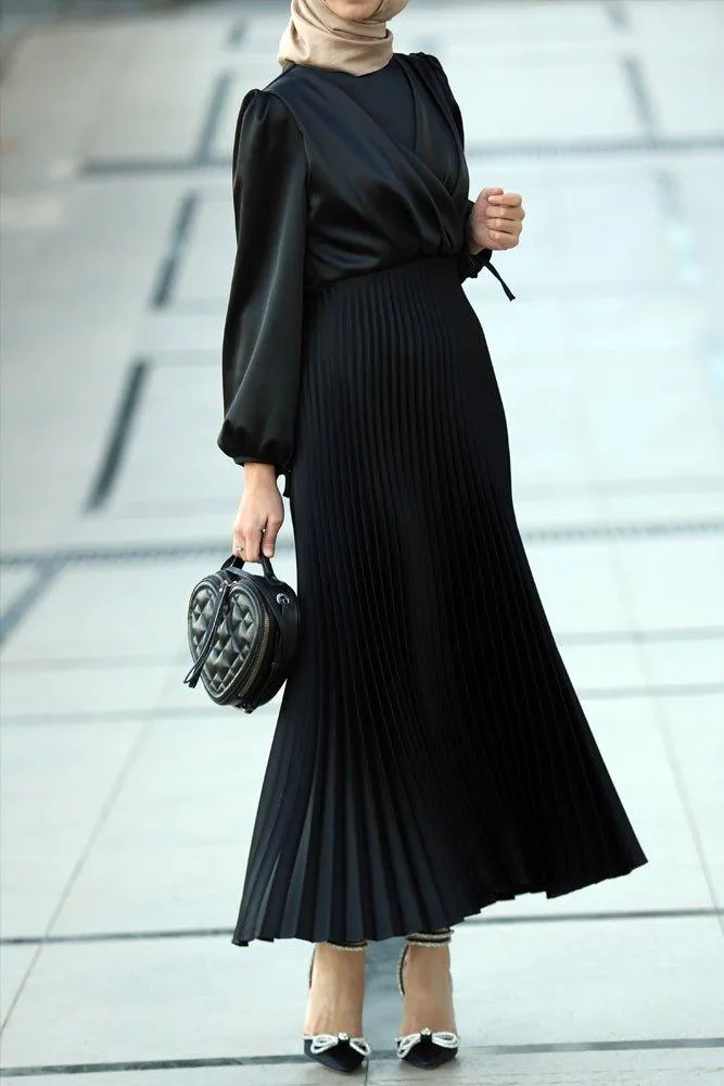 Abigal satin pleated long sleeve maxi dress with wrap waist in black