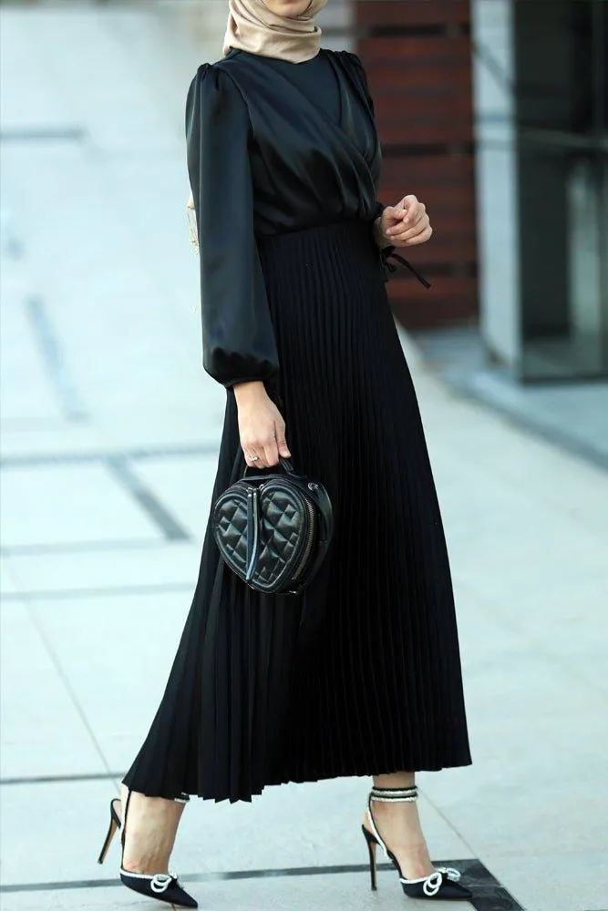 Abigal satin pleated long sleeve maxi dress with wrap waist in black