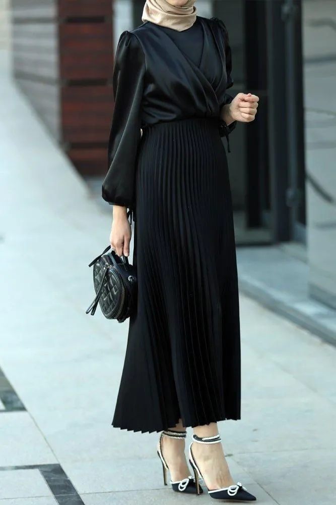 Abigal satin pleated long sleeve maxi dress with wrap waist in black