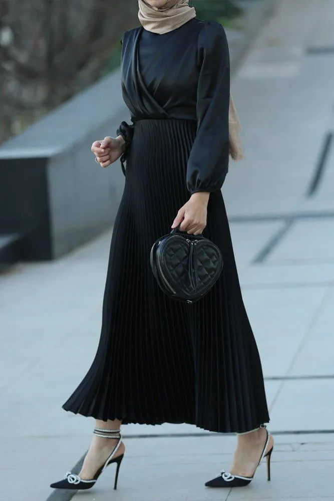 Abigal satin pleated long sleeve maxi dress with wrap waist in black