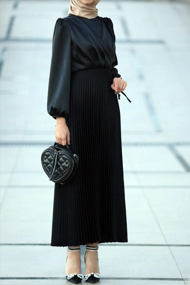 Abigal satin pleated long sleeve maxi dress with wrap waist in black