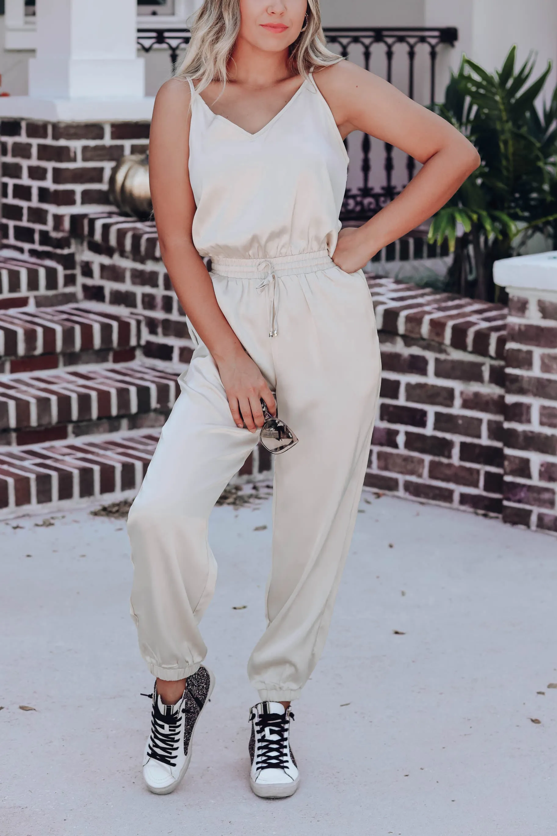 After Hours Satin Sleeveless Jumpsuit - Champagne