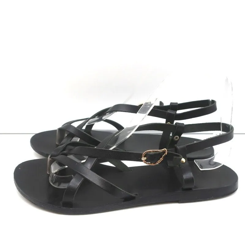 Ancient Greek Sandals Semele Crisscross Slingback Sandals Black Leather Size 38