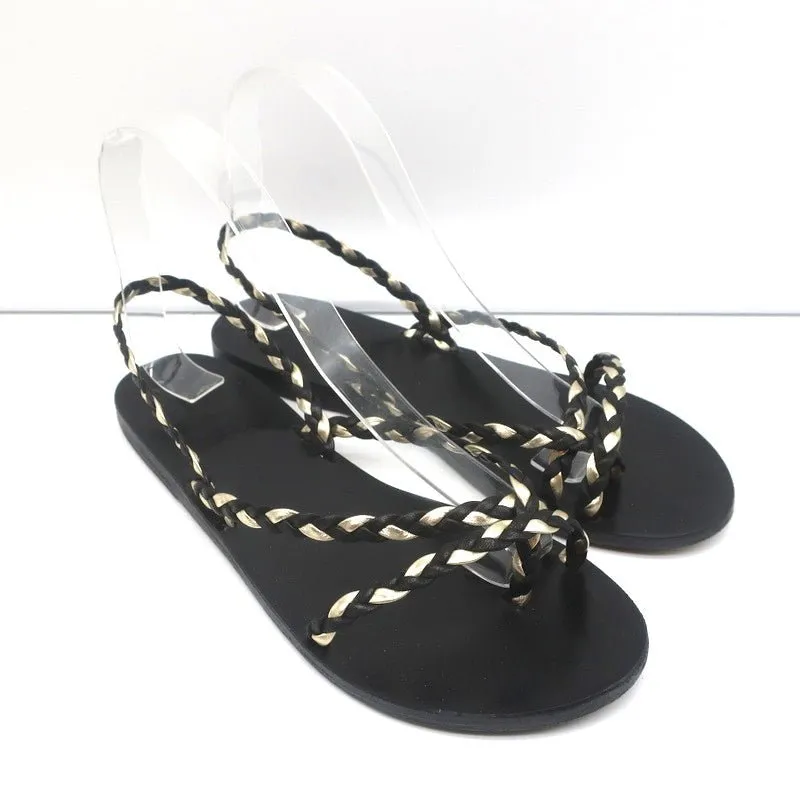 Ancient Greek Sandals Yianna Slingback Sandal Black/Gold Braided Leather Size 38