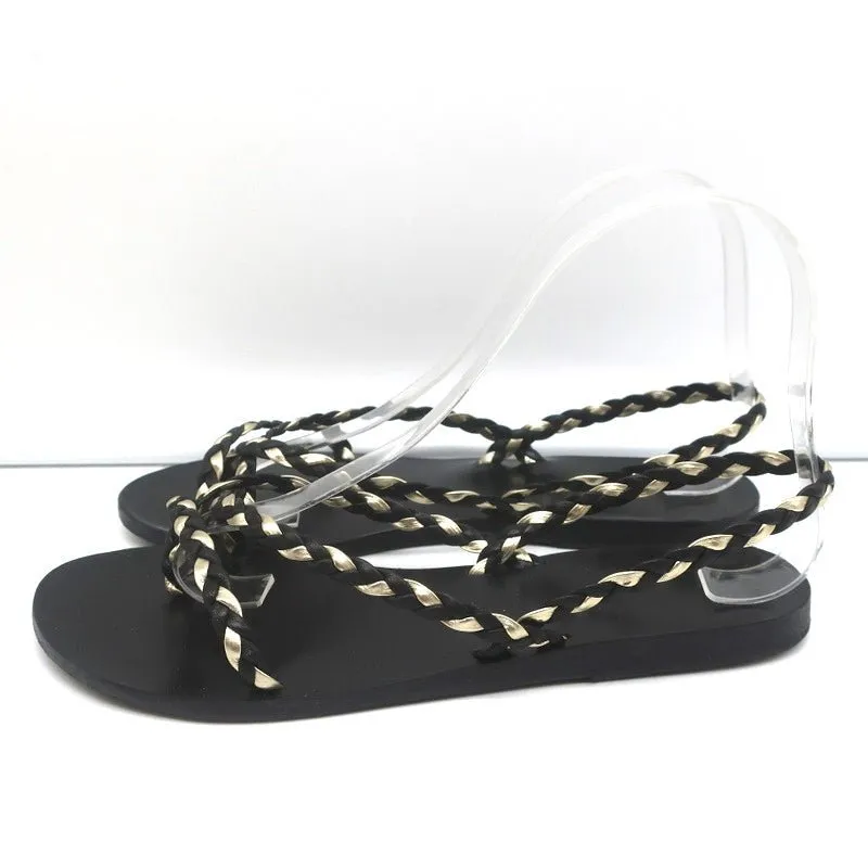 Ancient Greek Sandals Yianna Slingback Sandal Black/Gold Braided Leather Size 38