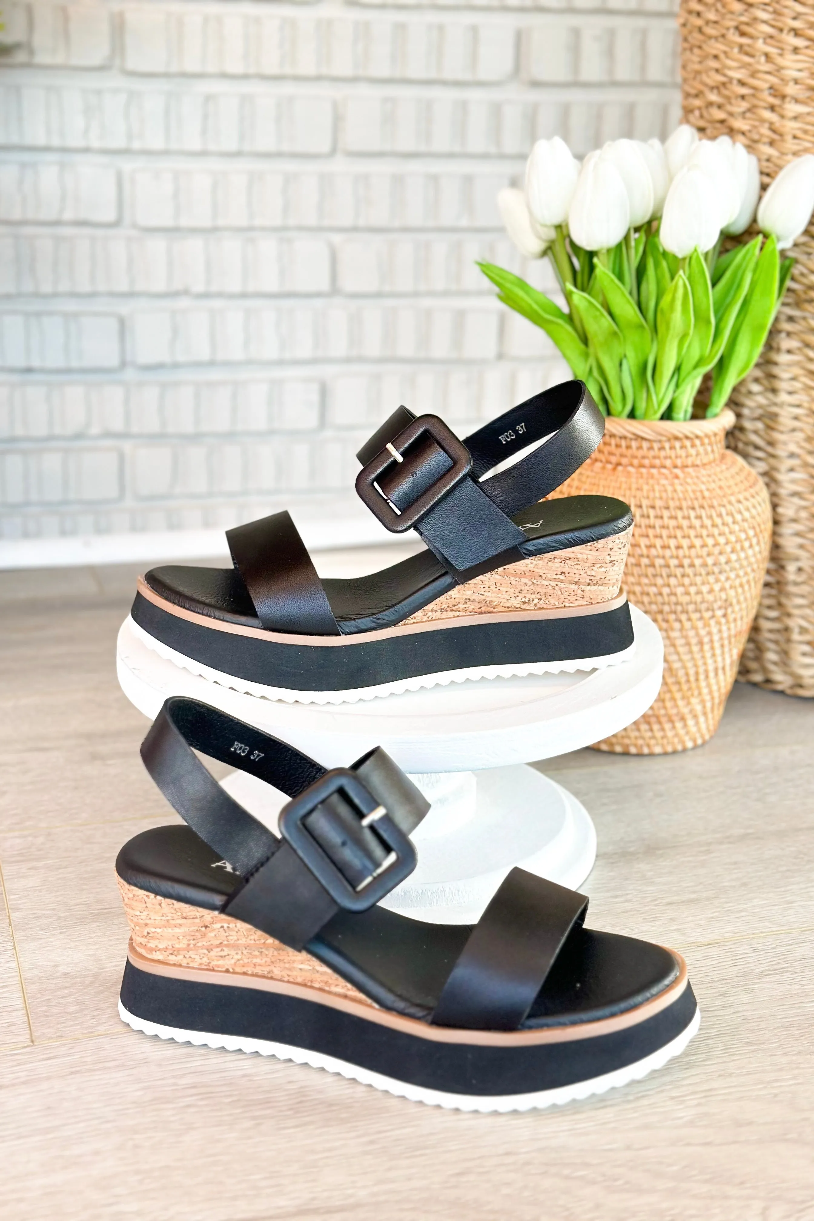 Antelope Dinah Black Leather Buckle Wedge
