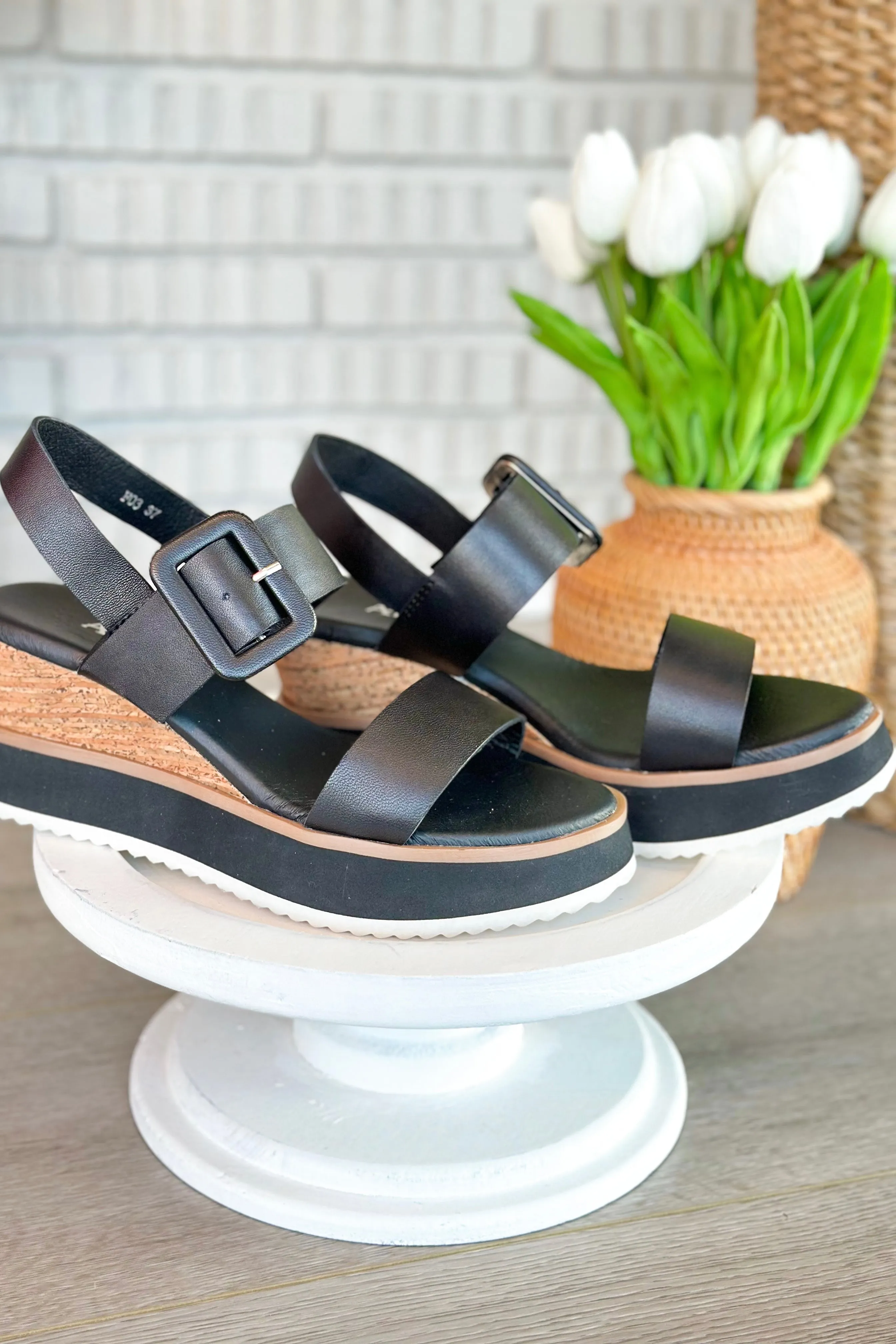 Antelope Dinah Black Leather Buckle Wedge