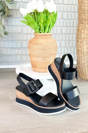 Antelope Dinah Black Leather Buckle Wedge