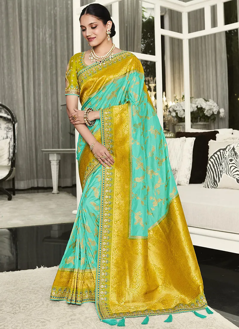 Aqua Blue And Yellow Handwork Embroidery Silk Saree