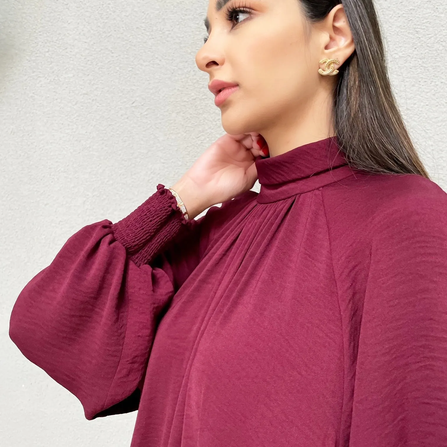 AW 21 HALA HIGH NECK SMOCK CUFF DRESS GRAPE