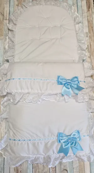 Baby Boys White Broderie Anglaise Lace Footmuff/ Cosytoes With Blue Satin Bow