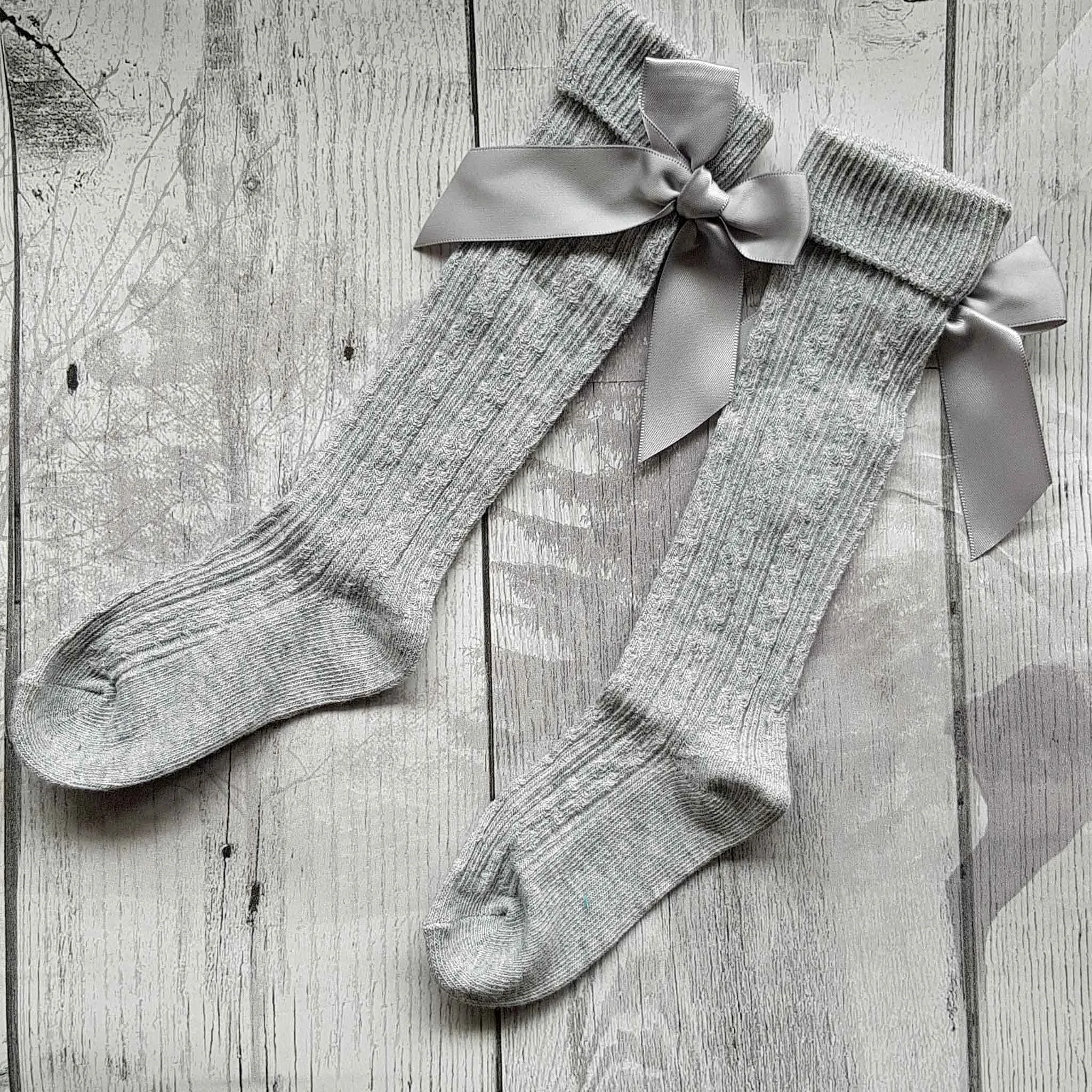 Baby Girls Grey Knee High socks with Satin Bow