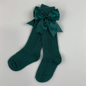 Baby Girls Socks -Knee High socks with Satin Bow- Bottle Green