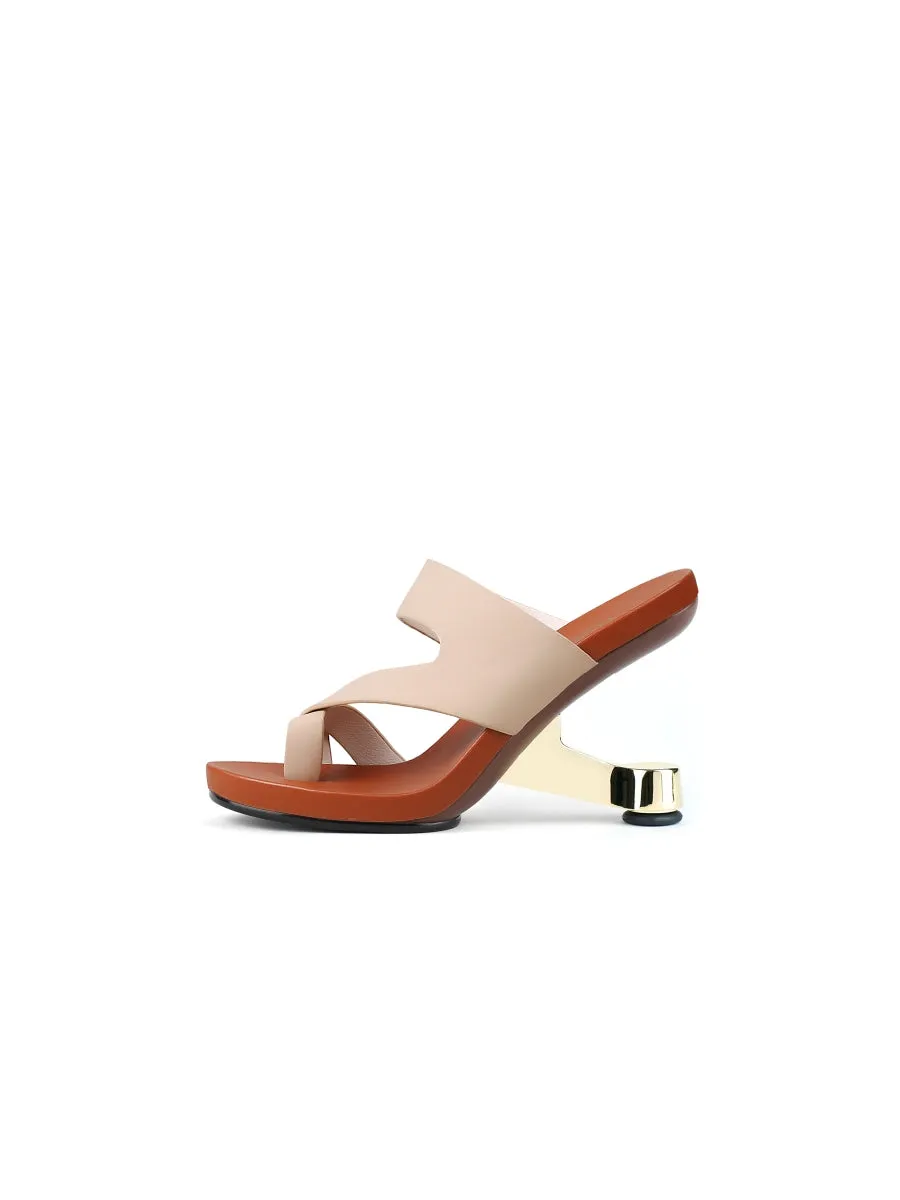 Beige Criss-Cross Toe Elevator Heel Leather Slides Sandals