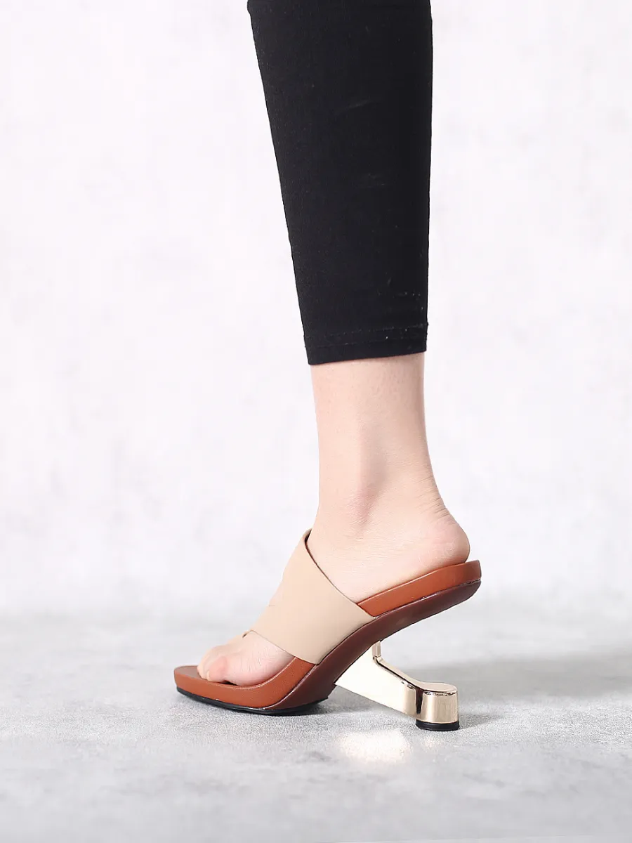 Beige Criss-Cross Toe Elevator Heel Leather Slides Sandals
