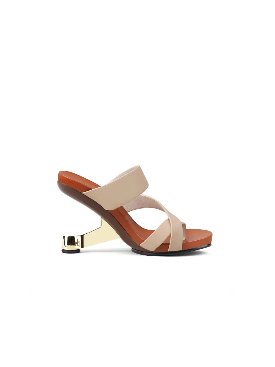 Beige Criss-Cross Toe Elevator Heel Leather Slides Sandals