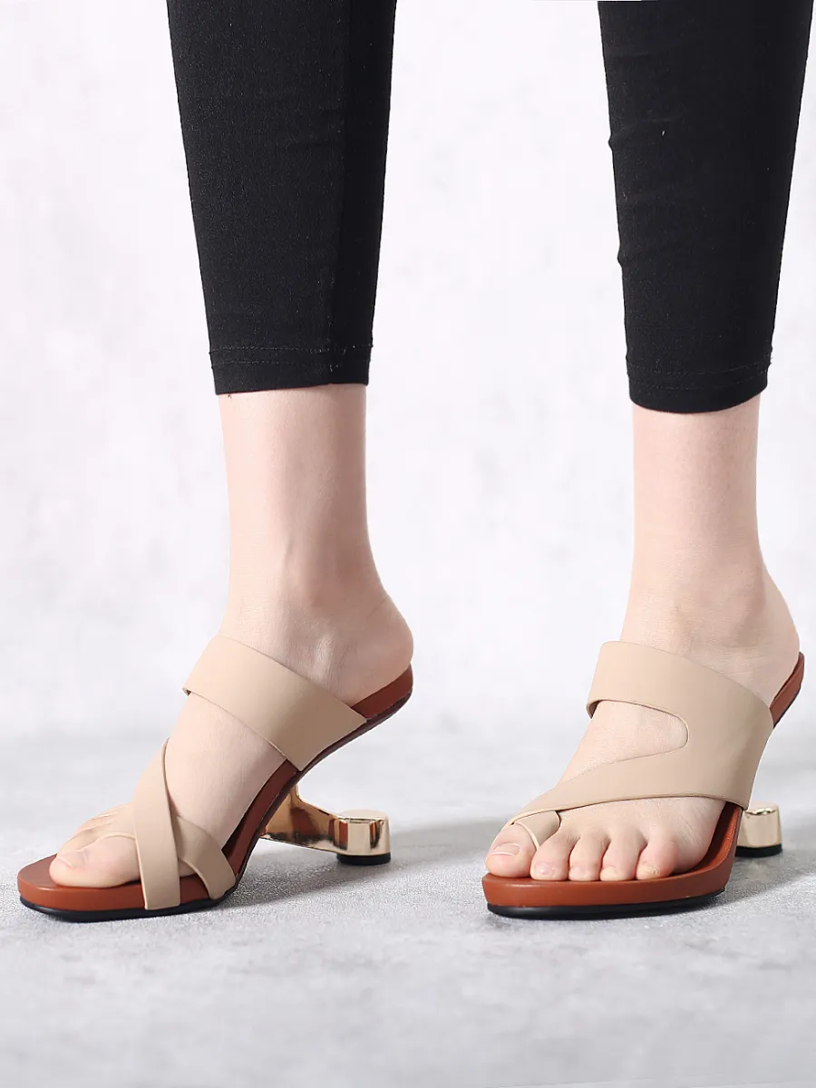Beige Criss-Cross Toe Elevator Heel Leather Slides Sandals
