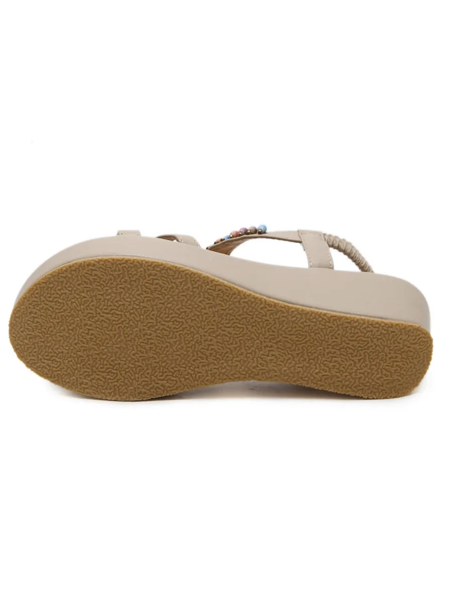 Beige Stone-Embellished Wedge